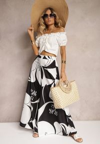 Renee - Czarno-Białe Szerokie Spodnie Palazzo z Wiskozy High Waist z Gumką w Pasie Vorrlea. Okazja: na co dzień. Stan: podwyższony. Kolor: czarny. Materiał: wiskoza. Styl: casual