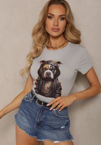 Renee - Szary T-shirt z Bawełny Ozdobiony Nadrukiem Tiimarie. Okazja: na co dzień. Kolor: szary. Materiał: bawełna. Wzór: nadruk, aplikacja. Styl: klasyczny, casual, elegancki #1