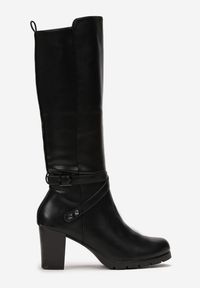 Born2be - Czarne Kozaki Oficerki na Obcasie z Ozdobnym Paskiem Ruhte. Nosek buta: okrągły. Zapięcie: pasek. Kolor: czarny. Materiał: materiał. Sezon: zima, jesień. Obcas: na obcasie. Styl: klasyczny. Wysokość obcasa: średni #3