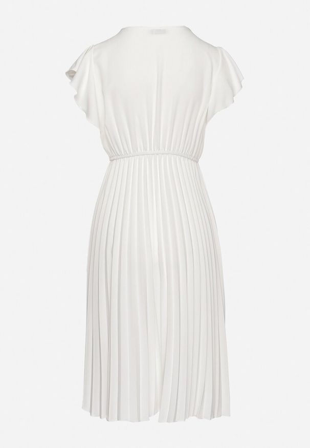 Born2be - Biała Sukienka Rozkloszowana Midi z Plisowanym Dołem Sabara. Okazja: na co dzień. Kolor: biały. Materiał: skóra. Styl: casual. Długość: midi