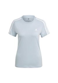 Adidas - Essentials Slim 3-Stripes Tee. Kolor: szary, niebieski, wielokolorowy, biały. Sport: taniec, joga i pilates