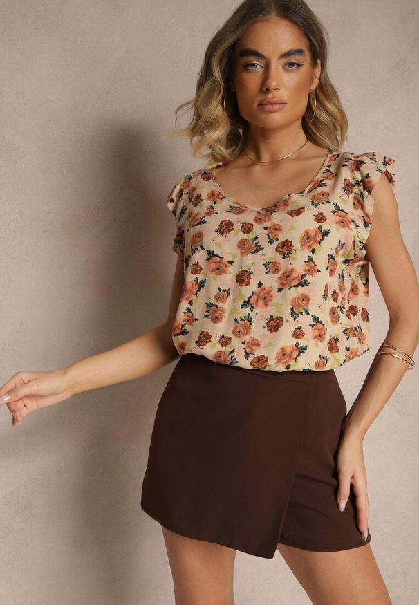 Renee - Brązowa Kwiatowa Bluzka z Bawełny Ulosirenia. Okazja: na co dzień. Kolor: brązowy. Materiał: bawełna. Wzór: kwiaty. Styl: casual, elegancki