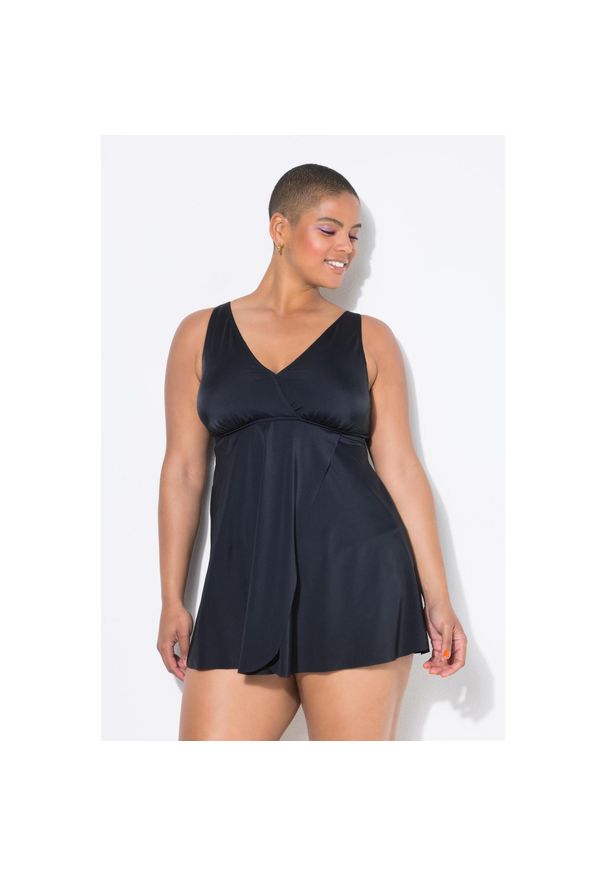 ULLA POPKEN - Damska Góra od tankini miękkie miseczki w kopertowym stylu. Kolekcja: plus size. Kolor: czarny. Materiał: poliester, elastan, poliamid, materiał