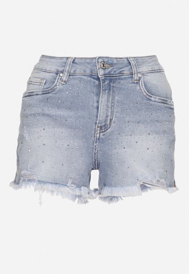 Born2be - Niebieskie Jeansowe Bawełniane Szorty z Cyrkoniami Folorina. Okazja: na co dzień, na spacer. Kolor: niebieski. Materiał: jeans, bawełna. Sezon: lato. Styl: klasyczny, glamour, casual