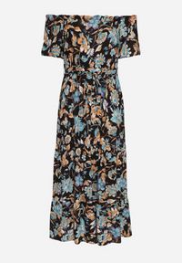 Born2be - Czarno-Niebieska Sukienka z Hiszpańskim Dekoltem z Wiązanym Paskiem w Kwiaty z Bawełny Rissanique. Okazja: na co dzień. Kolor: czarny. Materiał: bawełna. Wzór: kwiaty. Sezon: lato. Typ sukienki: rozkloszowane. Styl: casual, elegancki #3