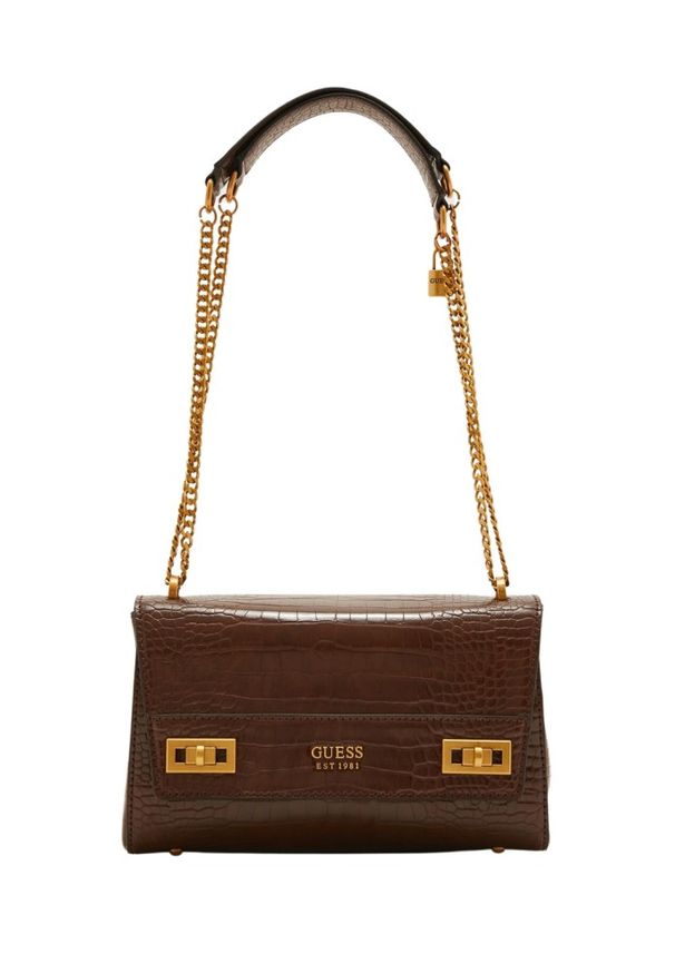 Guess - GUESS Brązowa torebka Katey Croc. Kolor: brązowy. Materiał: skórzane. Rodzaj torebki: na ramię