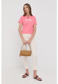 BOSS t-shirt bawełniany kolor różowy. Kolor: różowy. Materiał: bawełna. Długość rękawa: krótki rękaw. Długość: krótkie. Wzór: nadruk