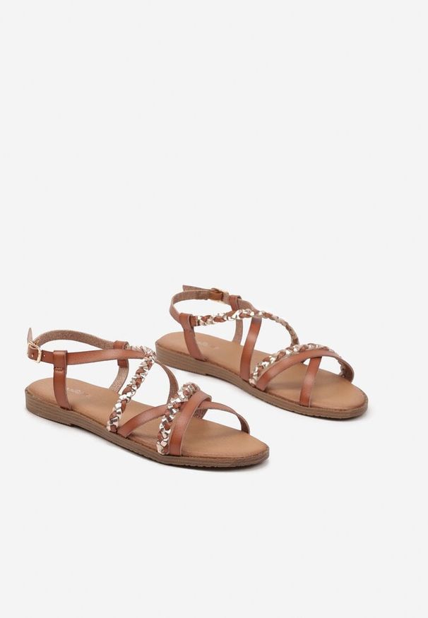 Renee - Brązowe Sandały z Metalicznymi Paskami Sovianne. Zapięcie: pasek. Kolor: brązowy. Materiał: jeans. Wzór: aplikacja