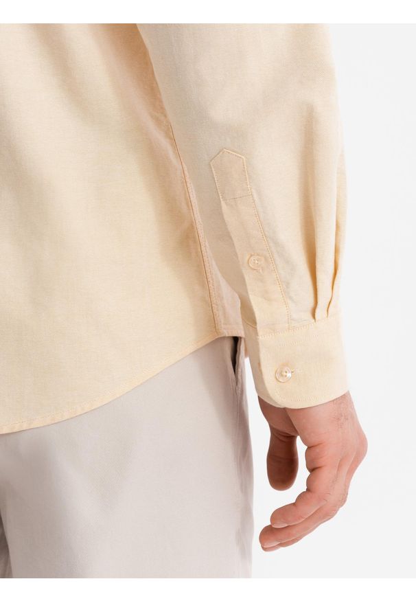 Ombre Clothing - Pastelowa bawełniana męska koszula typu oxford – jasnożółta V3 OM-SHOS-0183 - XXL. Kolor: żółty. Materiał: bawełna. Wzór: aplikacja, ze splotem. Styl: klasyczny, elegancki