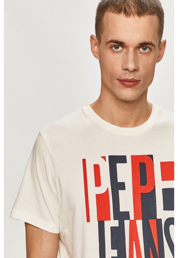 Pepe Jeans - T-shirt Davy. Okazja: na co dzień. Kolor: biały. Materiał: dzianina. Wzór: nadruk. Styl: casual