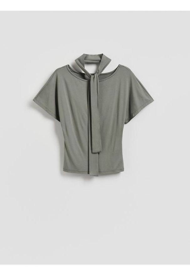 Reserved - Bluzka z szalem - oliwkowy. Kolor: oliwkowy. Materiał: dzianina, wiskoza