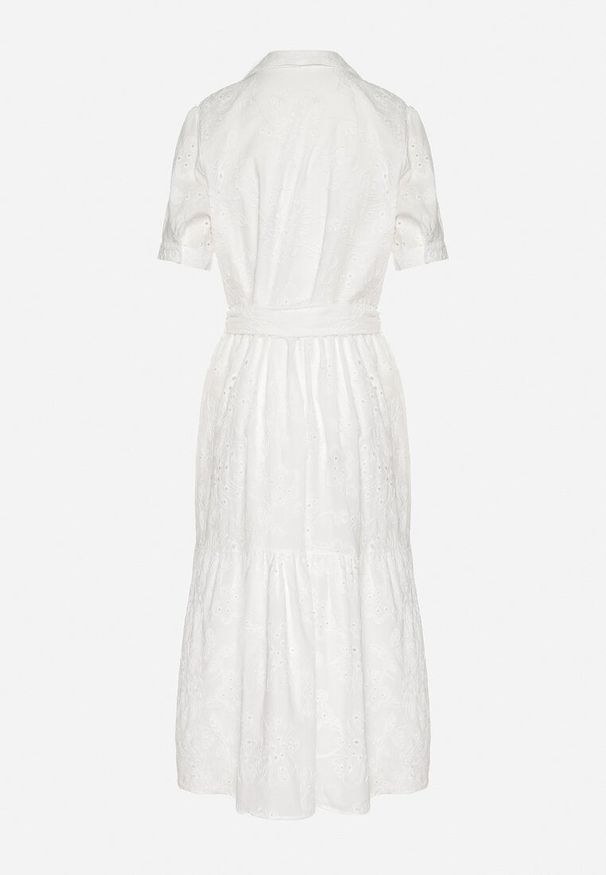 Born2be - Biała Bawełniana Sukienka Ażurowa o Koszulowym Kroju z Paskiem Divione. Okazja: na spacer, na co dzień. Kolor: biały. Materiał: bawełna. Wzór: ażurowy. Typ sukienki: koszulowe. Styl: klasyczny, casual, elegancki