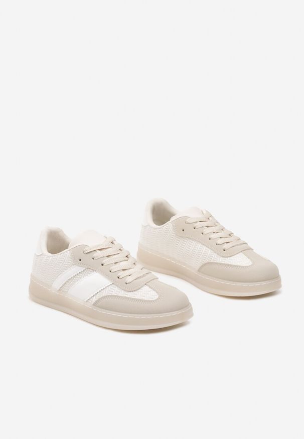 Renee - Beżowe Sneakersy w Stylu Tenisówek z Paskami Eleaniria. Okazja: na co dzień. Zapięcie: pasek. Kolor: beżowy. Materiał: jeans. Wzór: paski. Obcas: na płaskiej podeszwie