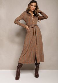 Renee - Brązowo-Pomarańczowa Rozkloszowana Sukienka Koszulowa z Paskiem Eiroani. Kolor: brązowy. Materiał: materiał. Typ sukienki: koszulowe. Długość: midi #1