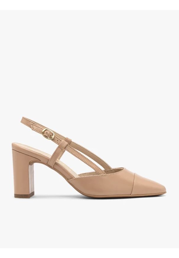 Ryłko - Beżowe czółenka typu slingback. Nosek buta: okrągły. Zapięcie: pasek. Kolor: beżowy. Materiał: skóra. Obcas: na obcasie. Wysokość obcasa: średni