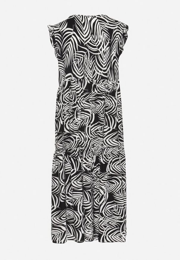 Born2be - Czarna Bawełniana Sukienka w Liście o Rozkloszowanym Kroju Divariel. Kolor: czarny. Materiał: bawełna. Długość rękawa: krótki rękaw. Typ sukienki: rozkloszowane