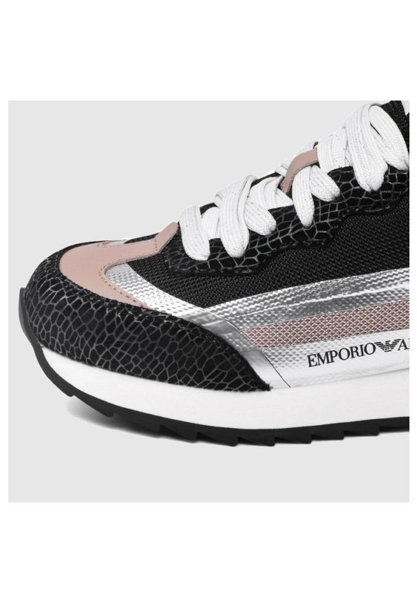 Emporio Armani - EMPORIO ARMANI Czarne sneakersy damskie ze srebrnymi elementami, Rozmiar 36. Kolor: czarny. Materiał: zamsz, materiał, skóra. Szerokość cholewki: normalna
