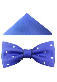 Modini - Niebiesko-granatowa mucha męska w białe grochy A50. Kolor: biały, wielokolorowy, niebieski. Materiał: poliester, tkanina. Wzór: grochy. Styl: elegancki #1