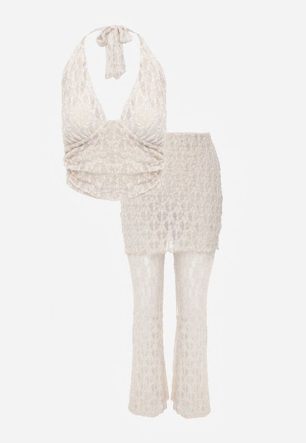 Renee - Beżowy Komplet z Koronki Top Halter i Spodnie Zdobione Wszytą Spódnicą Celanix. Kolor: beżowy. Materiał: koronka. Wzór: aplikacja, koronka