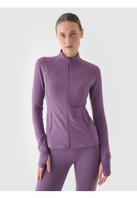 4f - Bluza treningowa slim szybkoschnąca damska - fioletowa. Typ kołnierza: kołnierzyk stójkowy, bez kaptura. Kolor: fioletowy. Materiał: syntetyk, włókno, dzianina, prążkowany, materiał, elastan. Wzór: prążki, jednolity. Styl: sportowy. Sport: fitness