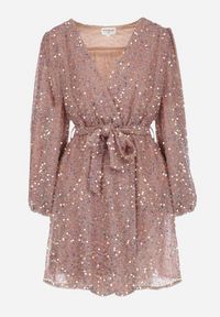 Born2be - Różowa Sukienka Cekinowa z Kopertowym Dekoltem Cidoly. Okazja: na co dzień. Typ kołnierza: dekolt kopertowy. Kolor: różowy. Typ sukienki: kopertowe. Styl: casual, elegancki, rockowy #5