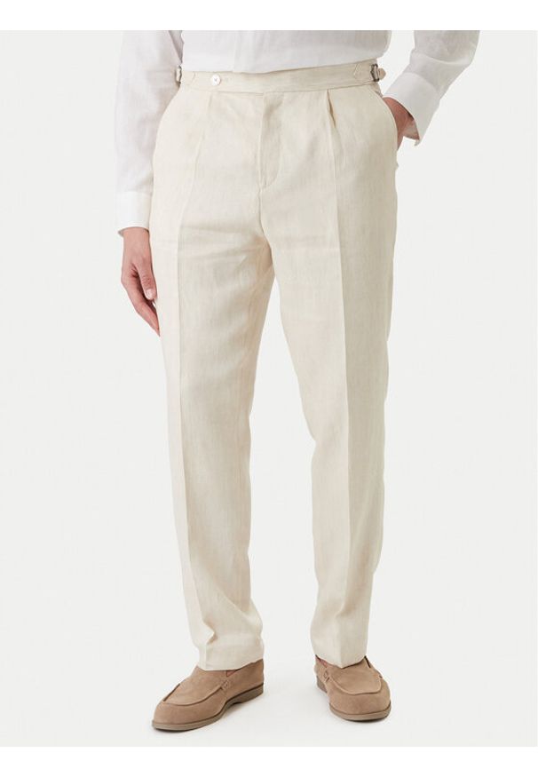 BOSS Spodnie materiałowe H-Perino 50563231 Beżowy Relaxed Fit. Kolor: beżowy. Materiał: len