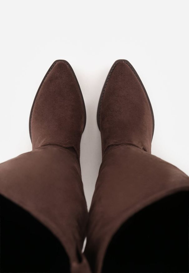 Renee - Brązowe Kozaki Kowbojki na Stożku z Gładką Cholewką z Imitacji Zamszu Halille. Kolor: brązowy. Materiał: zamsz. Szerokość cholewki: normalna. Wzór: gładki. Obcas: na stożku. Styl: street, elegancki