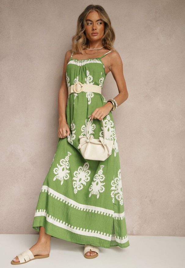 Renee - Zielona Rozkloszowana Sukienka na Ramiączkach w Ornamentalny Print Reveleine. Okazja: na co dzień. Typ kołnierza: dekolt w serek. Kolor: zielony. Długość rękawa: na ramiączkach. Wzór: nadruk. Styl: casual