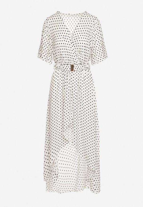 Born2be - Biała Sukienka z Kopertowym Dekoltem o Asymetrycznym Kroju z Paskiem i Gumką w Talii Drelefia. Kolor: biały. Materiał: tkanina. Długość rękawa: krótki rękaw. Typ sukienki: kopertowe, asymetryczne