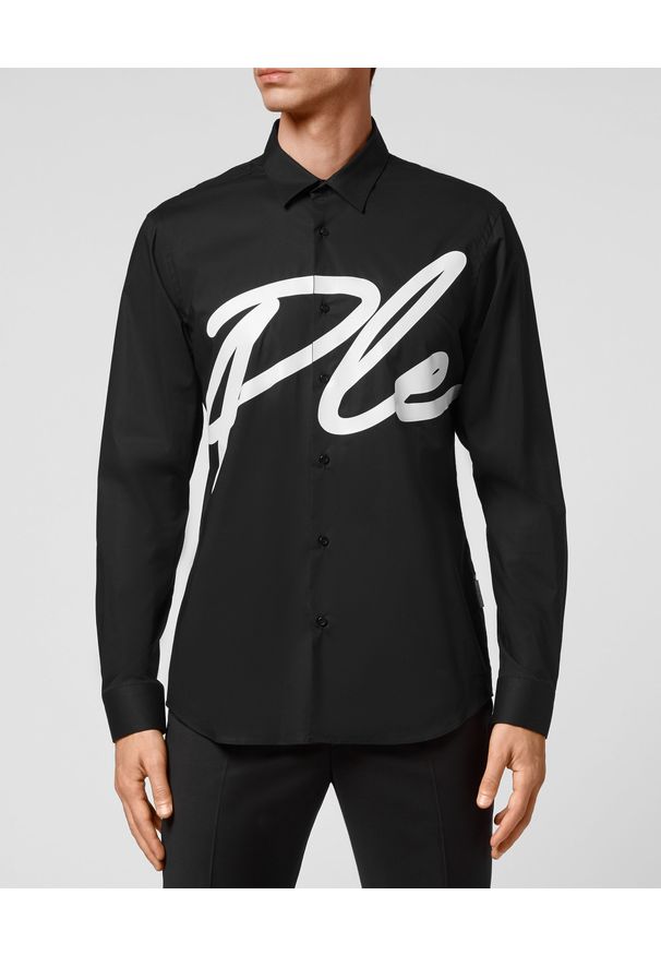 Philipp Plein - PHILIPP PLEIN - Czarna koszula PLAYBOY. Kolor: czarny. Materiał: bawełna. Długość rękawa: długi rękaw. Długość: długie. Wzór: aplikacja, nadruk. Styl: klasyczny