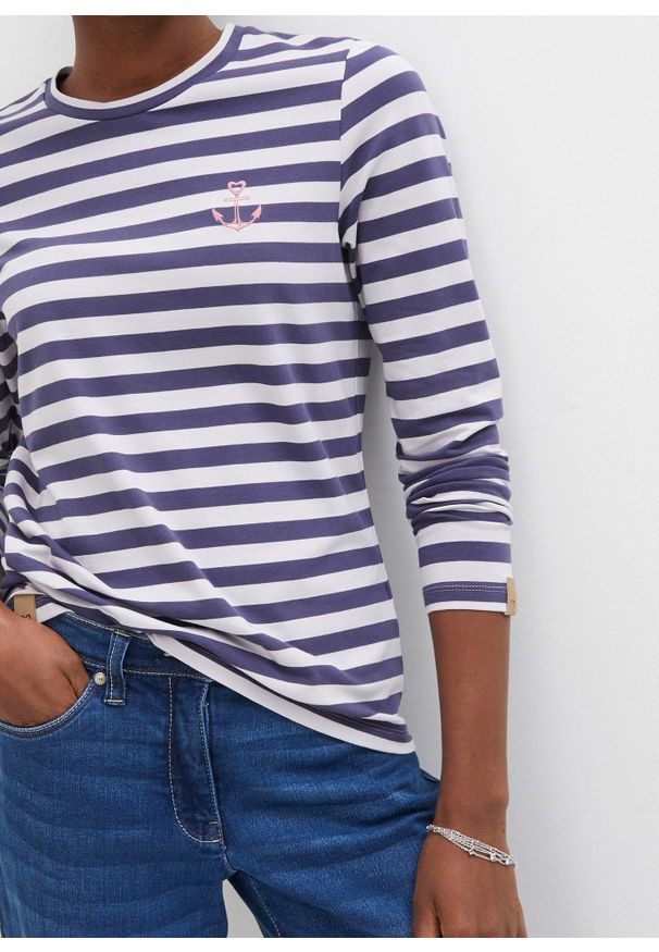 bonprix - Shirt z długim rękawem w paski i haftem. Kolor: fioletowy. Materiał: bawełna. Długość rękawa: długi rękaw. Długość: długie. Wzór: haft, paski. Styl: elegancki