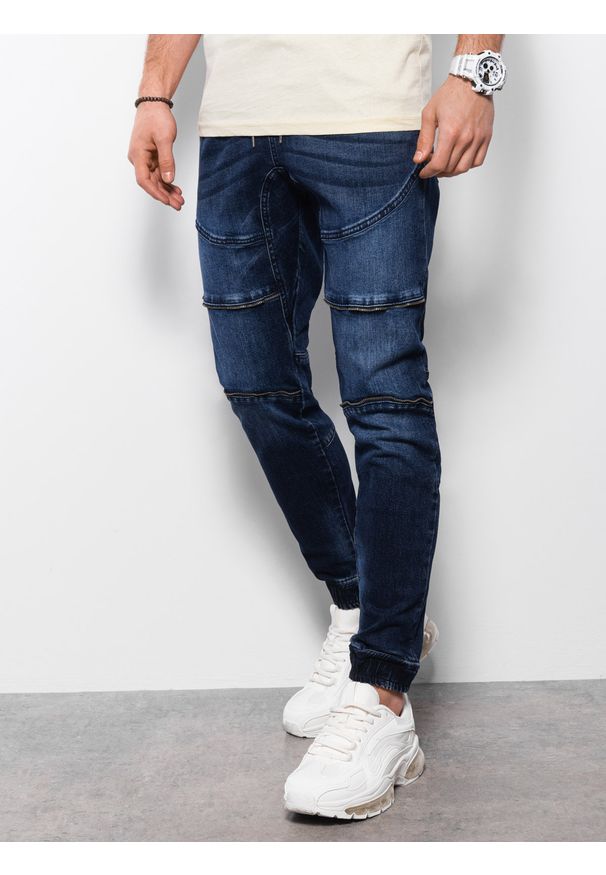 Ombre Clothing - Spodnie męskie marmurkowe JOGGERY z ozdobnymi przeszyciami - granatowe V1 - Rozmiar: L. Kolor: niebieski. Materiał: elastan, bawełna, jeans