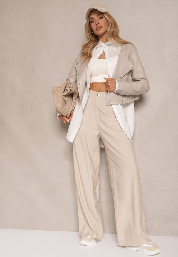 Renee - Beżowa Kurtka w Stylu Ramoneski z Guzikami Sesiloria. Okazja: na co dzień. Kolor: beżowy. Materiał: jeans. Długość: krótkie. Styl: wizytowy, elegancki, casual