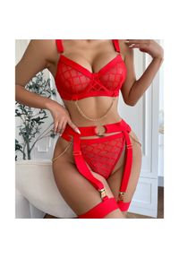 Intica - Komplet bielizny z geometrycznym wzorem i pasem na wieczór Anaelle. Kolor: czerwony. Materiał: materiał. Wzór: geometria