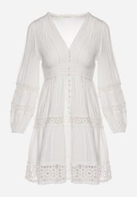 Born2be - Biała Sukienka Mini z Ażurowymi Wstawkami i Gumką w Talii Raliasa. Kolor: biały. Materiał: koronka. Wzór: ażurowy. Styl: boho. Długość: mini #7