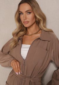Renee - Brązowy Kombinezon z Elastyczną Gumką w Pasie z Dodatkowym Wiązaniem o Luźnym Kroju Creera. Kolor: brązowy. Materiał: tkanina #3