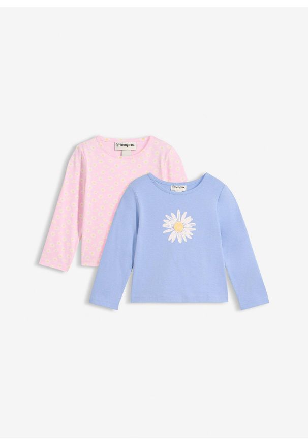 bonprix - Bluzka z długim rękawem z czystej bawełny organicznej (2 szt.). Kolor: niebieski. Materiał: bawełna. Długość rękawa: długi rękaw. Długość: długie. Wzór: nadruk