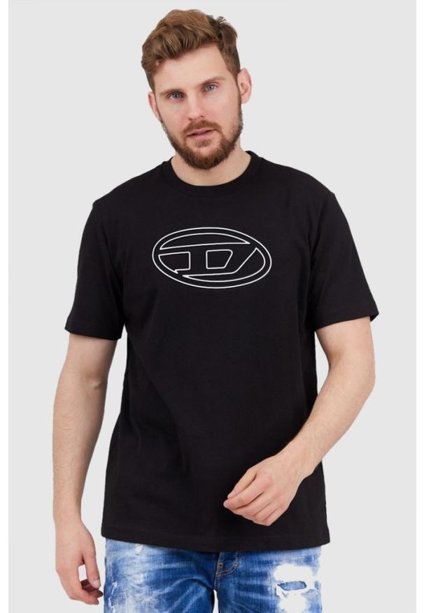 Diesel - DIESEL Czarny t-shirt męski z wytłaczanym logo, Rozmiar S. Kolor: czarny. Materiał: prążkowany