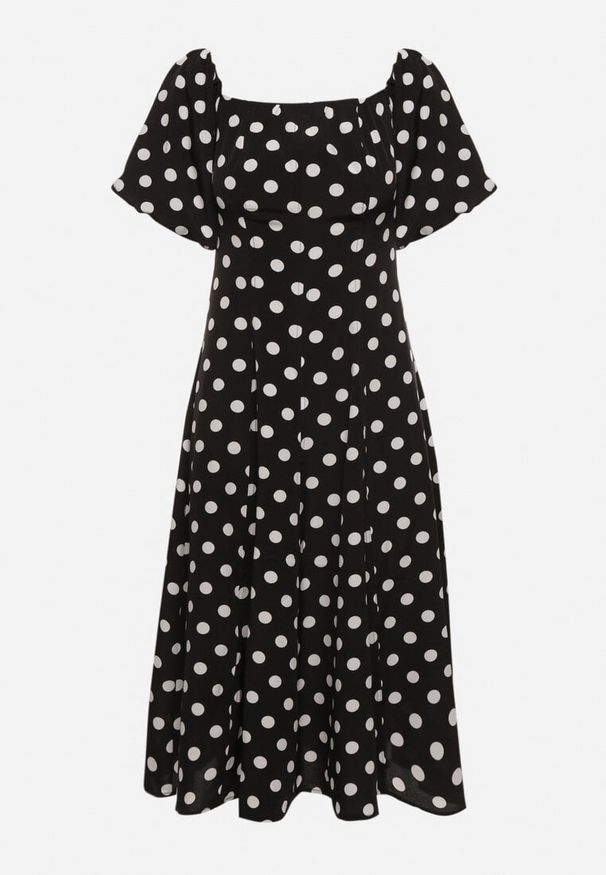 Born2be - Czarna Rozkloszowana Sukienka Vices w Grochy z Dekoltem Typu Hiszpanka Zimina. Okazja: na co dzień. Typ kołnierza: dekolt hiszpanka. Kolor: czarny. Materiał: skóra, materiał. Wzór: grochy. Typ sukienki: proste. Styl: casual, klasyczny