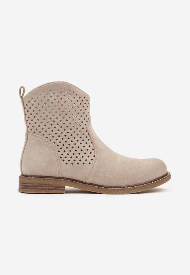 Born2be - Beżowe Botki z Ażurową Cholewką i Skórzaną Wkładką Tinalei. Okazja: na co dzień. Kolor: beżowy. Materiał: skóra. Szerokość cholewki: normalna. Wzór: ażurowy. Styl: klasyczny, casual, elegancki