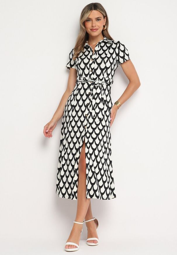 Born2be - Czarno-Biała Koszulowa Sukienka z Kołnierzem i Materiałowym Paskiem w Talii Vranea. Okazja: na co dzień. Typ kołnierza: dekolt w kształcie V. Kolor: czarny. Materiał: materiał. Typ sukienki: koszulowe. Styl: casual, elegancki, sportowy