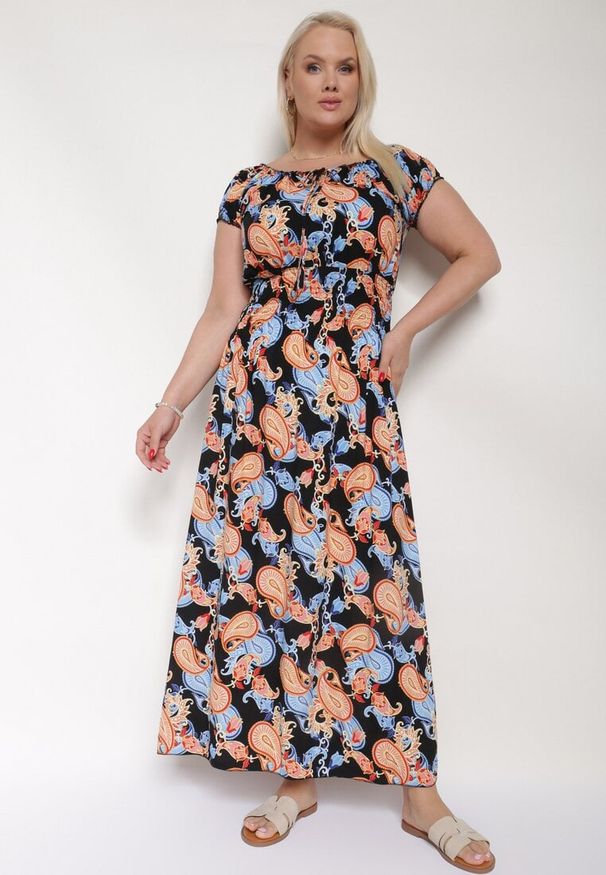 Born2be - Czarno-Niebiesksa Bawełniana Sukienka z Gumką w Pasie Zilletta. Okazja: na co dzień, na randkę. Kolor: czarny. Materiał: bawełna. Styl: casual, klasyczny
