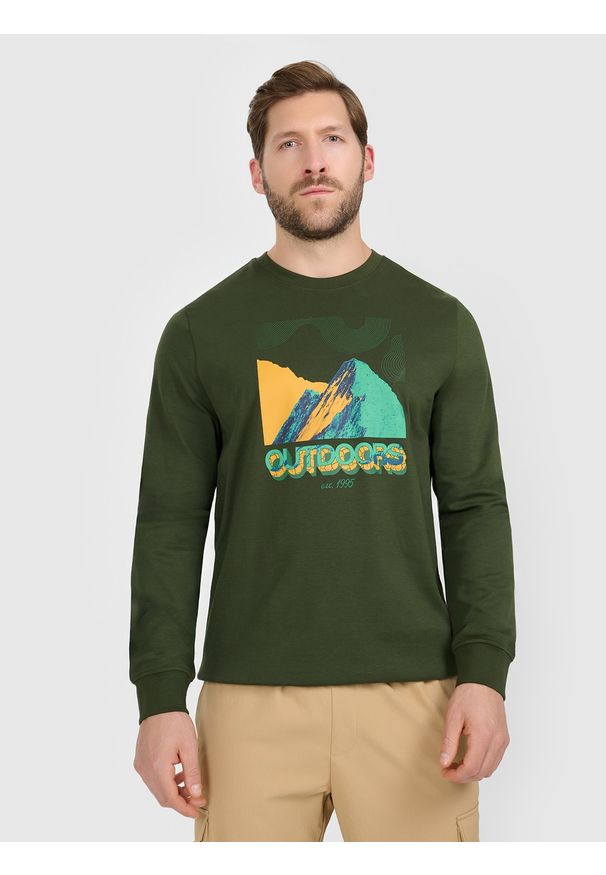 4f - 4F Longlseeve z nadrukiem męski - khaki XXL. Okazja: na co dzień, na spacer. Kolor: brązowy, oliwkowy, wielokolorowy. Materiał: dzianina, materiał, bawełna. Długość rękawa: długi rękaw. Wzór: nadruk. Styl: casual