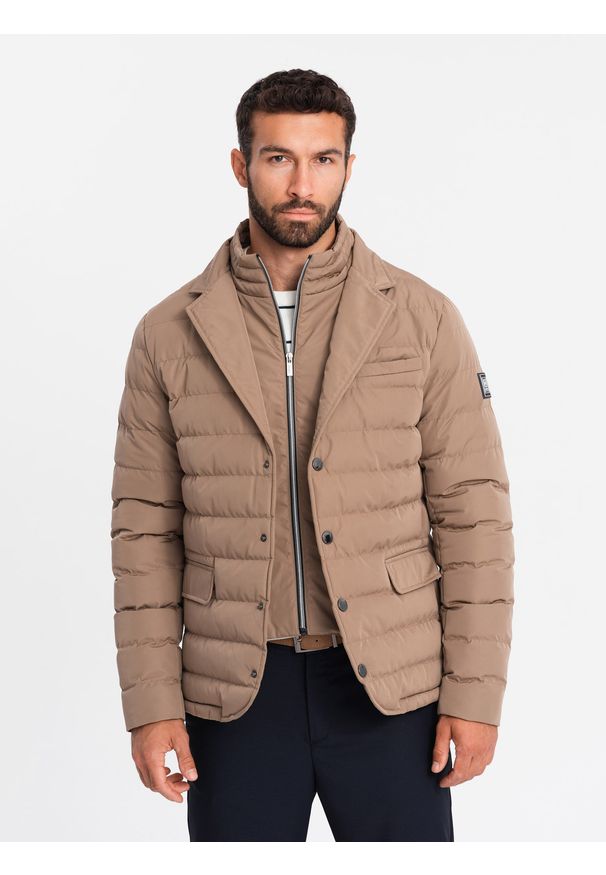 Ombre Clothing - Pikowana męska kurtka o kroju marynarki – beżowa V5 - Rozmiar: S. Kolor: beżowy. Materiał: guma, syntetyk, poliester, materiał. Wzór: aplikacja. Styl: klasyczny, elegancki