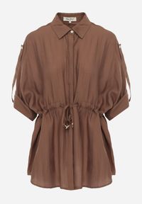 Renee - Brązowa Koszula Typu Nietoperz Utility z Lnem i Wiskozą z Wiązaniem w Talii Fyserynore. Kolor: brązowy. Materiał: wiskoza, len. Sezon: lato #6