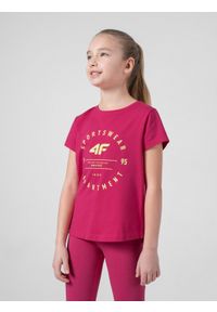 4f - T-shirt z nadrukiem dziewczęcy. Kolor: różowy. Materiał: dzianina, bawełna. Wzór: nadruk