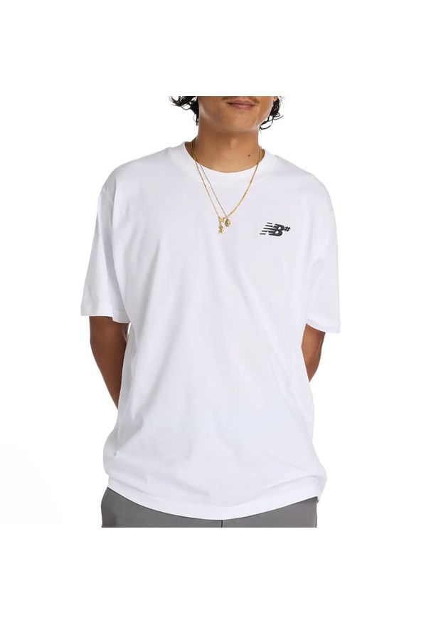 Koszulka męska New Balance MT53706WT - biała. Kolor: biały. Materiał: bawełna. Długość rękawa: krótki rękaw. Długość: krótkie