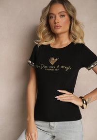 Renee - Czarny T-shirt z Bawełny z Cyrkoniami Arithlin. Okazja: na co dzień. Kolor: czarny. Materiał: bawełna. Wzór: aplikacja. Styl: elegancki, casual