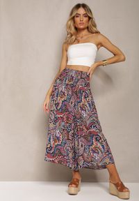 Renee - Granatowe Spodnie Culottes z Bawełnianej Tkaniny Ozdobione Wzorem Paisley Gwinamas. Okazja: do pracy. Kolor: niebieski. Materiał: bawełna, tkanina. Wzór: aplikacja, paisley