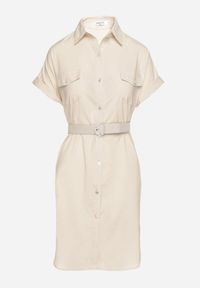 Born2be - Beżowa Sukienka Koszulowa z Bawełną z Ozdobnym Paskiem i Kieszeniami Efrissa. Okazja: na spotkanie biznesowe. Kolor: beżowy. Materiał: bawełna. Długość rękawa: długi rękaw. Typ sukienki: koszulowe. Styl: biznesowy, klasyczny, elegancki #6